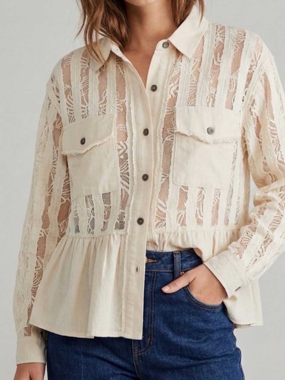 POL Sheer Lace Mix Peplum Button-Down Shirt Brand New Size Small Oversized
